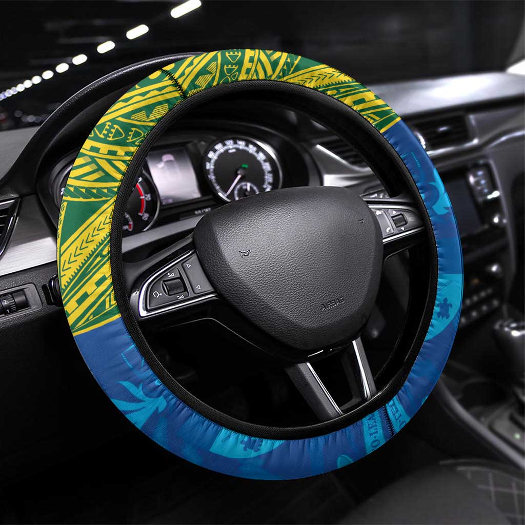 Solomon Islands Rugby Steering Wheel Cover Simple Coat of arm Polynesian Pattern