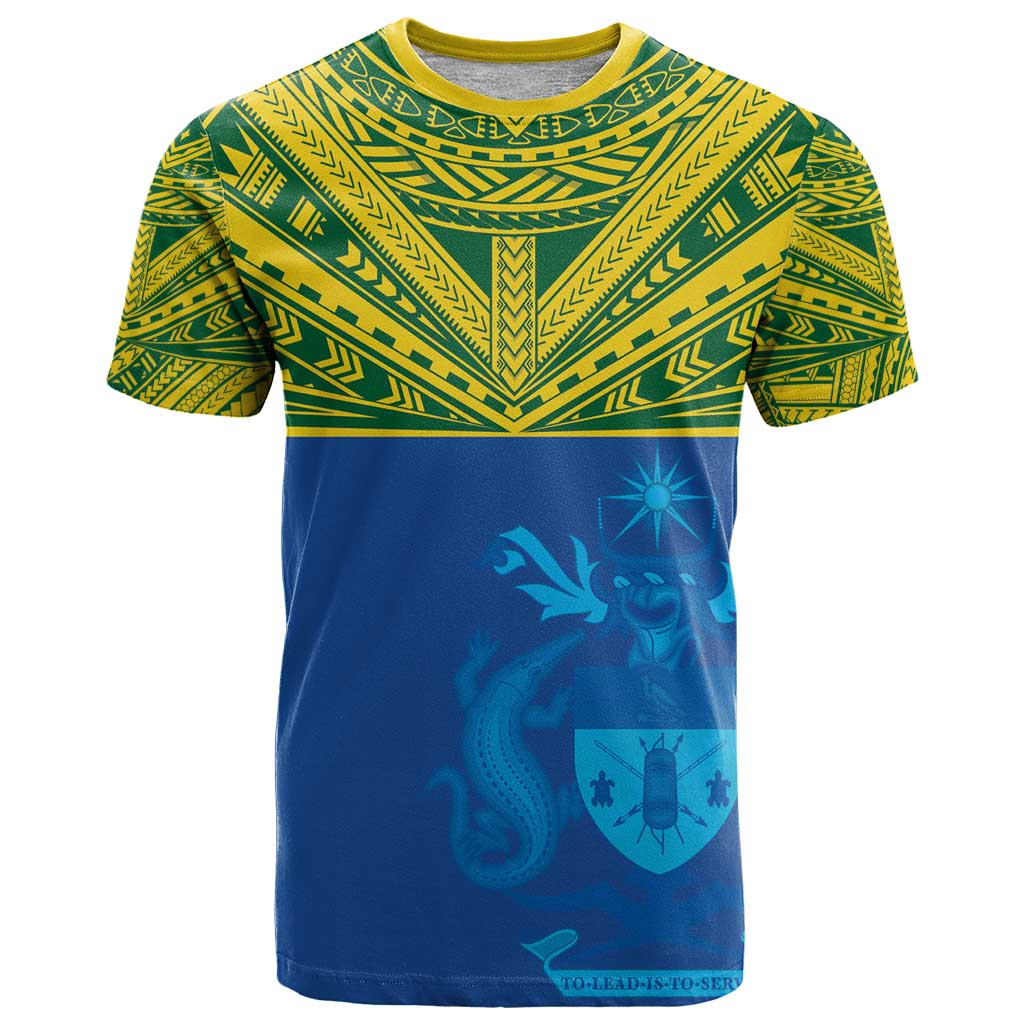 Solomon Islands Rugby Custom T Shirt Simple Coat of arm Polynesian Pattern