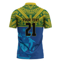 Solomon Islands Rugby Custom Zipper Polo Shirt Simple Coat of arm Polynesian Pattern - Polynesian Pride