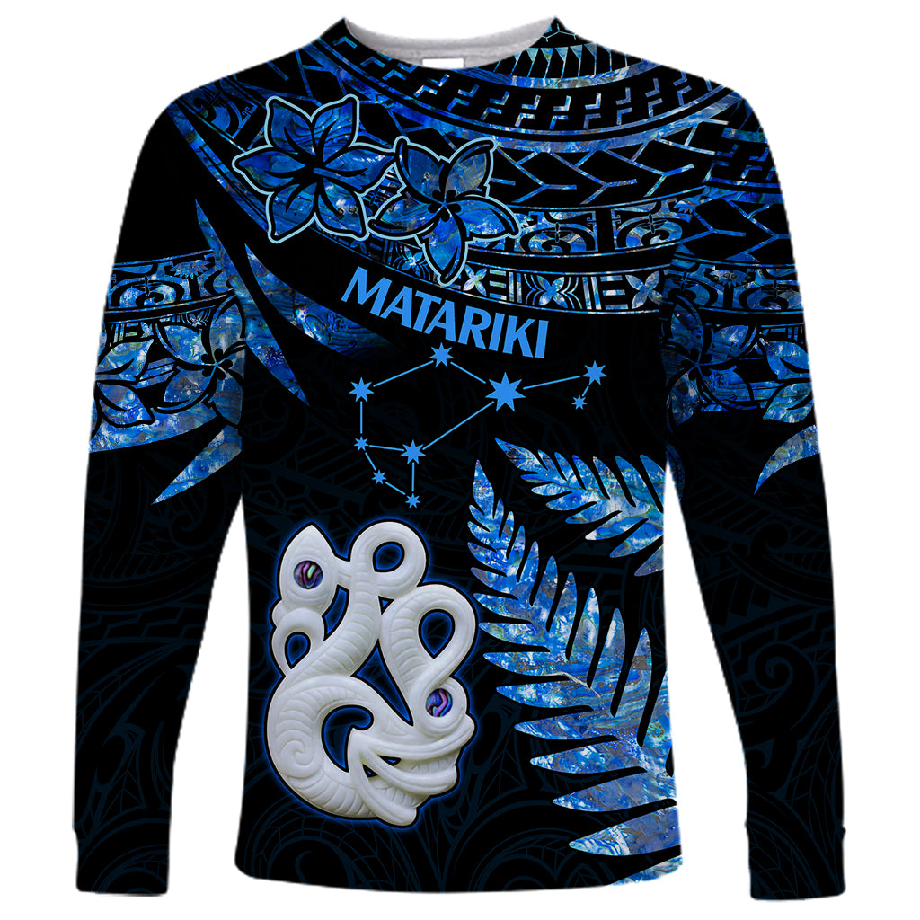 Matariki New Zealand Long Sleeve Shirt Maori Manaia with Paua Shell - Blue LT9 Unisex Blue - Polynesian Pride