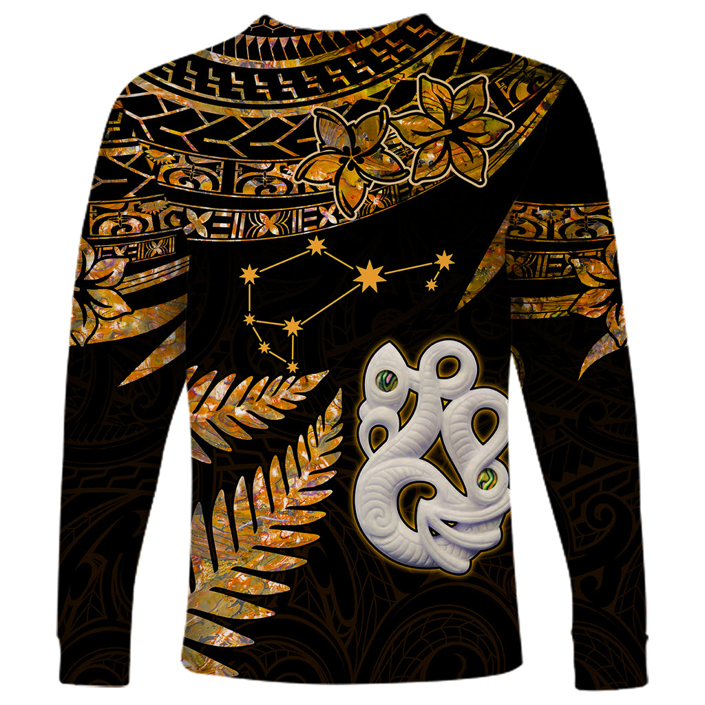 Maori Long Sleeve Shirt Matariki Stars Manaia with Paua Shell - Gold LT9 - Polynesian Pride