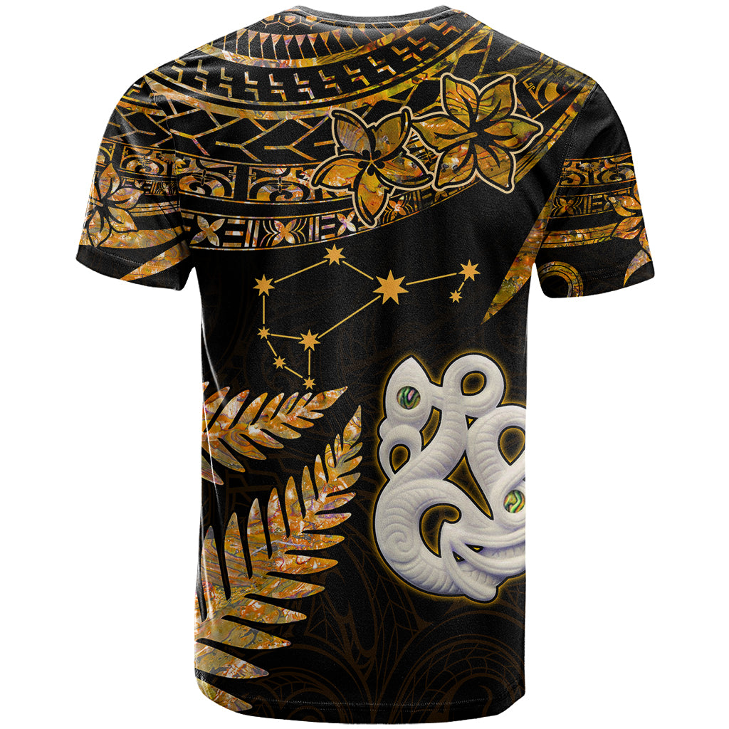 Maori T Shirt Matariki Stars Manaia with Paua Shell Gold LT9 - Polynesian Pride