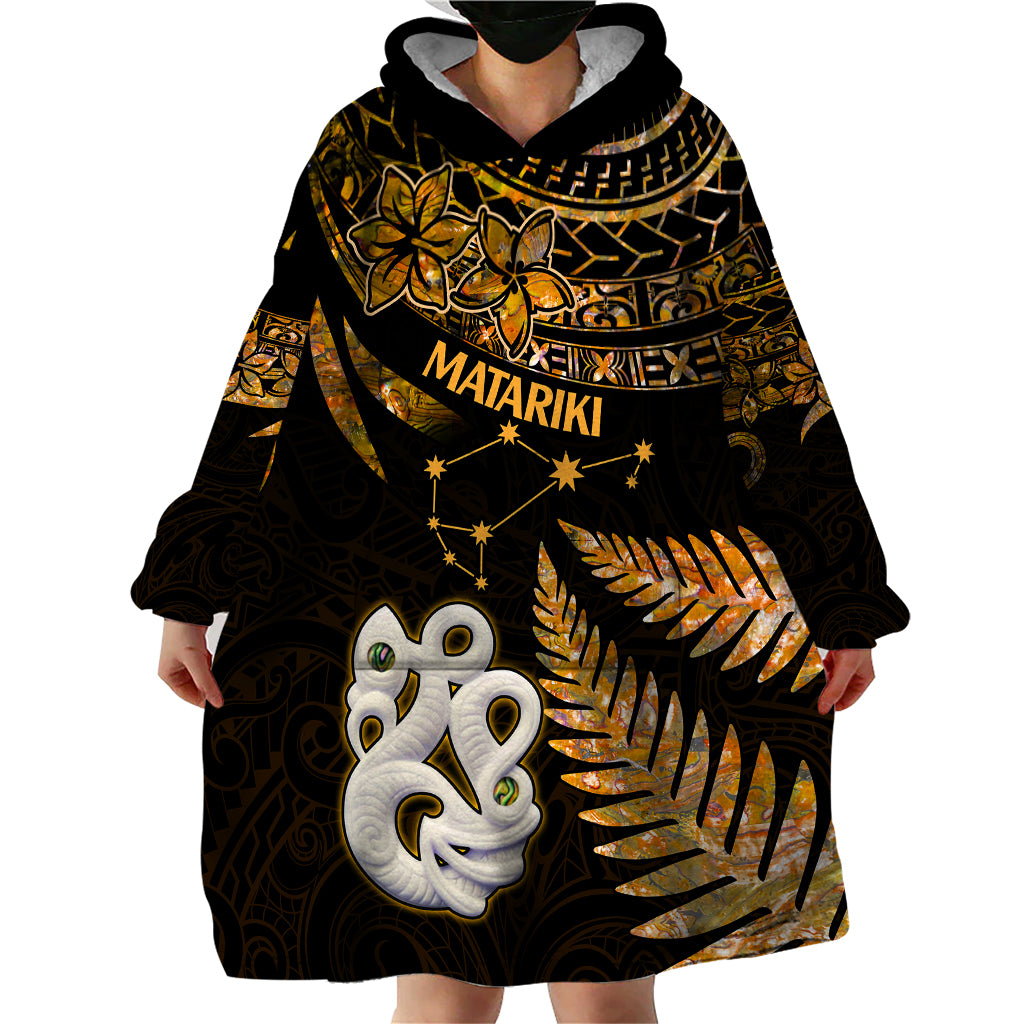 Maori Wearable Blanket Hoodie Matariki Stars Manaia with Paua Shell - Gold LT9 - Polynesian Pride
