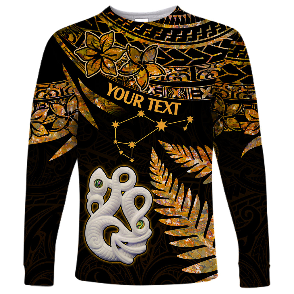 Custom Maori Long Sleeve Shirt Matariki Stars Manaia with Paua Shell - Gold LT9 Unisex Gold - Polynesian Pride