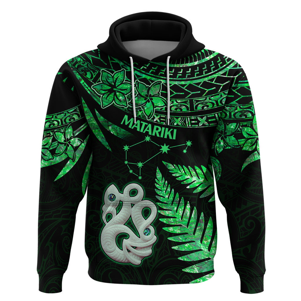 Maori Hoodie Matariki Stars Manaia with Paua Shell Green LT9 Green - Polynesian Pride