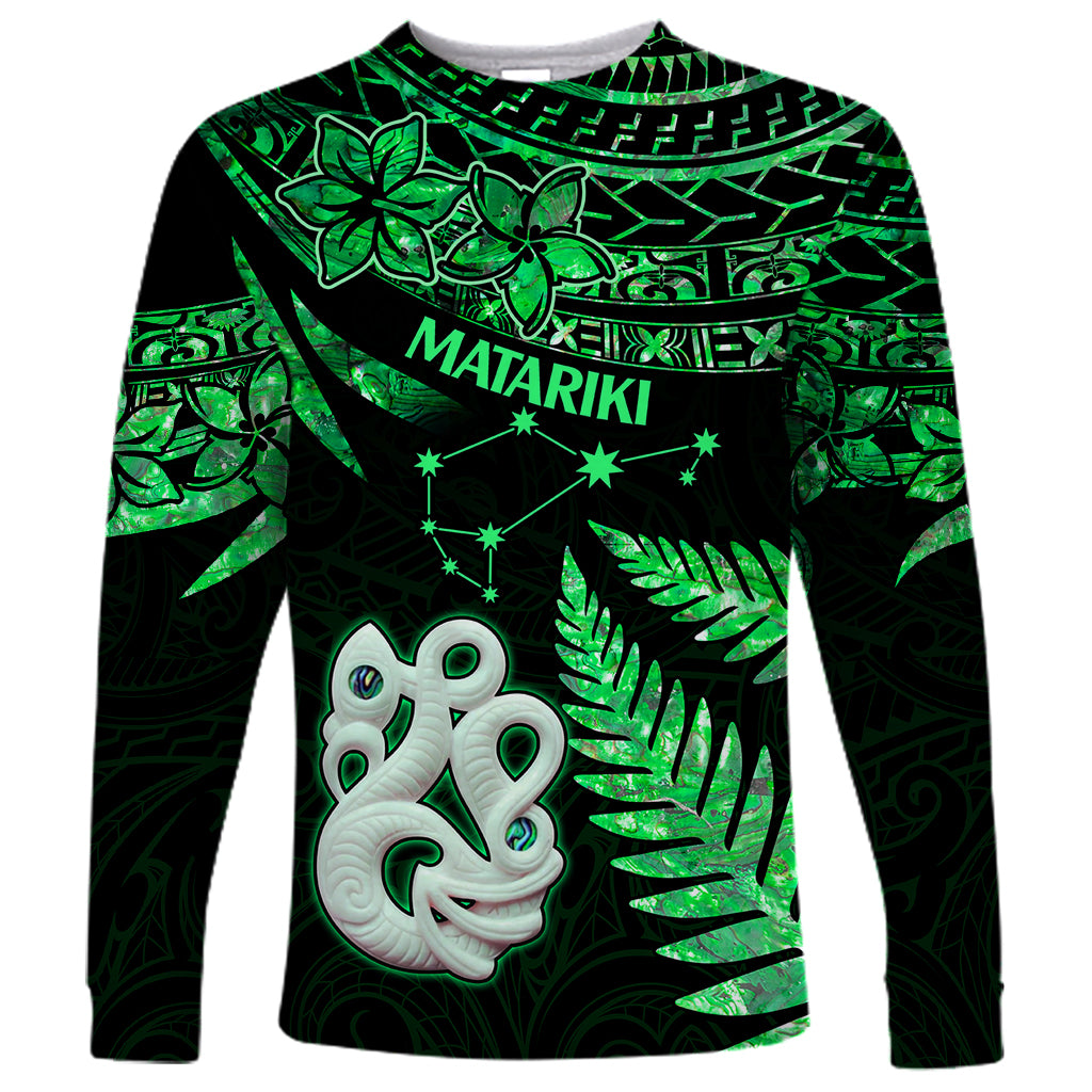 Maori Long Sleeve Shirt Matariki Stars Manaia with Paua Shell - Green LT9 Unisex Green - Polynesian Pride