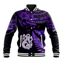 New Zealand Baseball Jacket Matariki NZ Manaia with Paua Shell - Purple LT9 Unisex Purple - Polynesian Pride