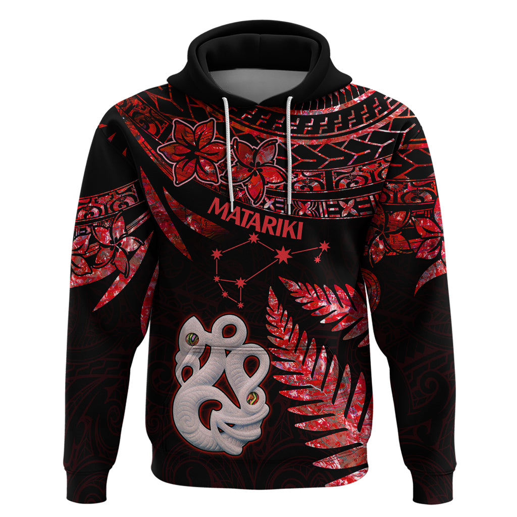 Matariki Hoodie NZ New Year Manaia with Paua Shell Red LT9 Red - Polynesian Pride