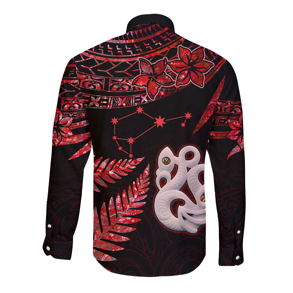 Custom Matariki Long Sleeve Button Shirt NZ New Year Manaia with Paua Shell - Red LT9 - Polynesian Pride