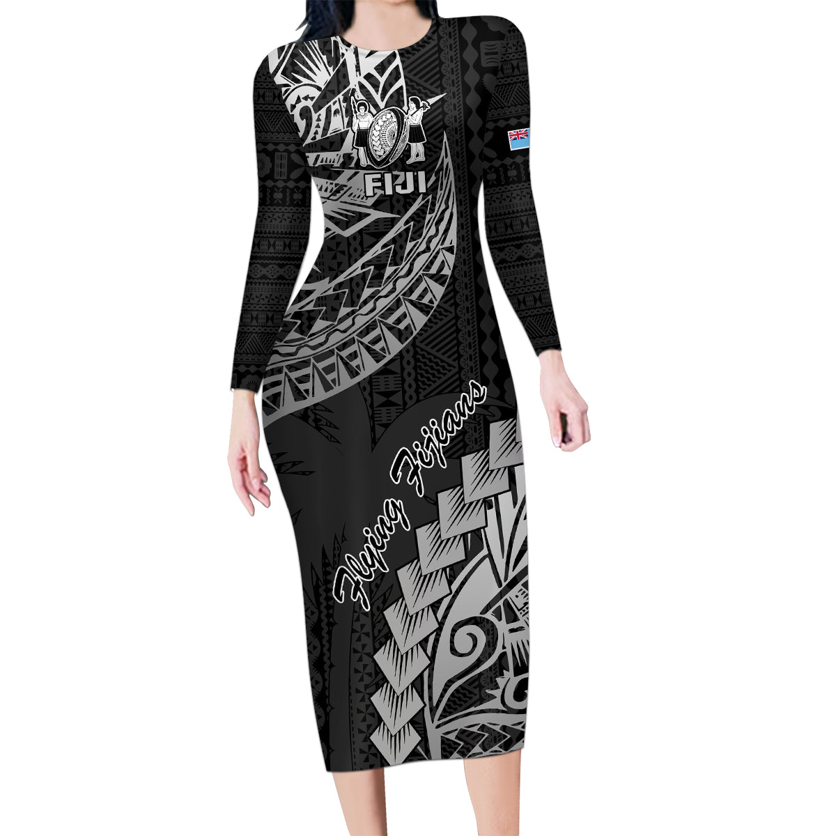 Fiji Rugby Family Matching Long Sleeve Bodycon Dress and Hawaiian Shirt Kaiviti Fijian Tribal World Cup Black LT9 Mom's Dress Black - Polynesian Pride
