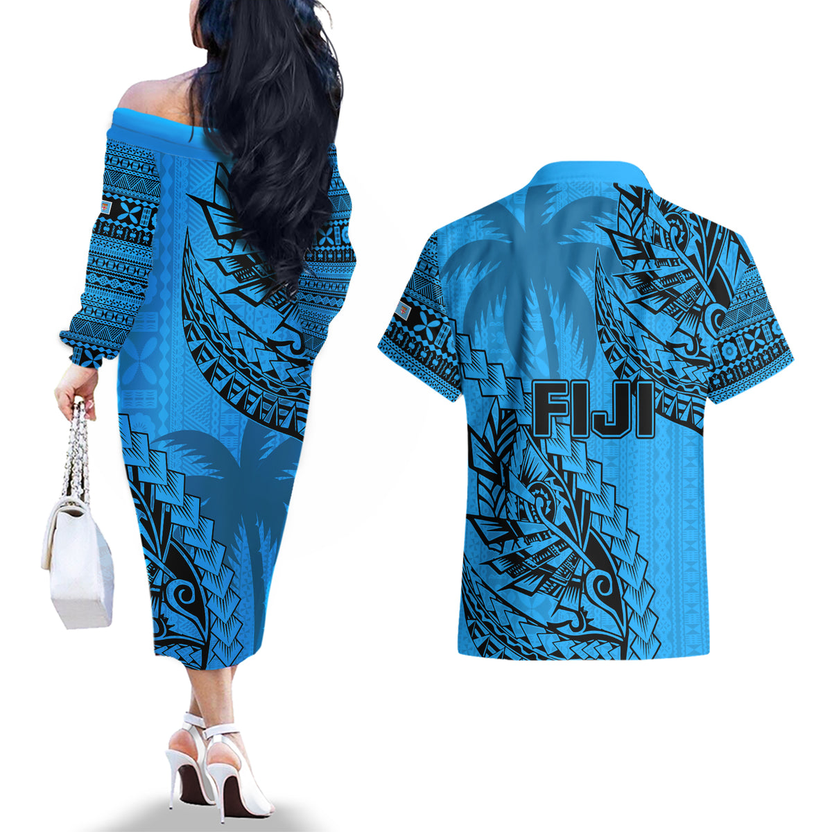 Fiji Rugby Couples Matching Off The Shoulder Long Sleeve Dress and Hawaiian Shirt Kaiviti Fijian Tribal World Cup Blue No1 LT9 - Polynesian Pride