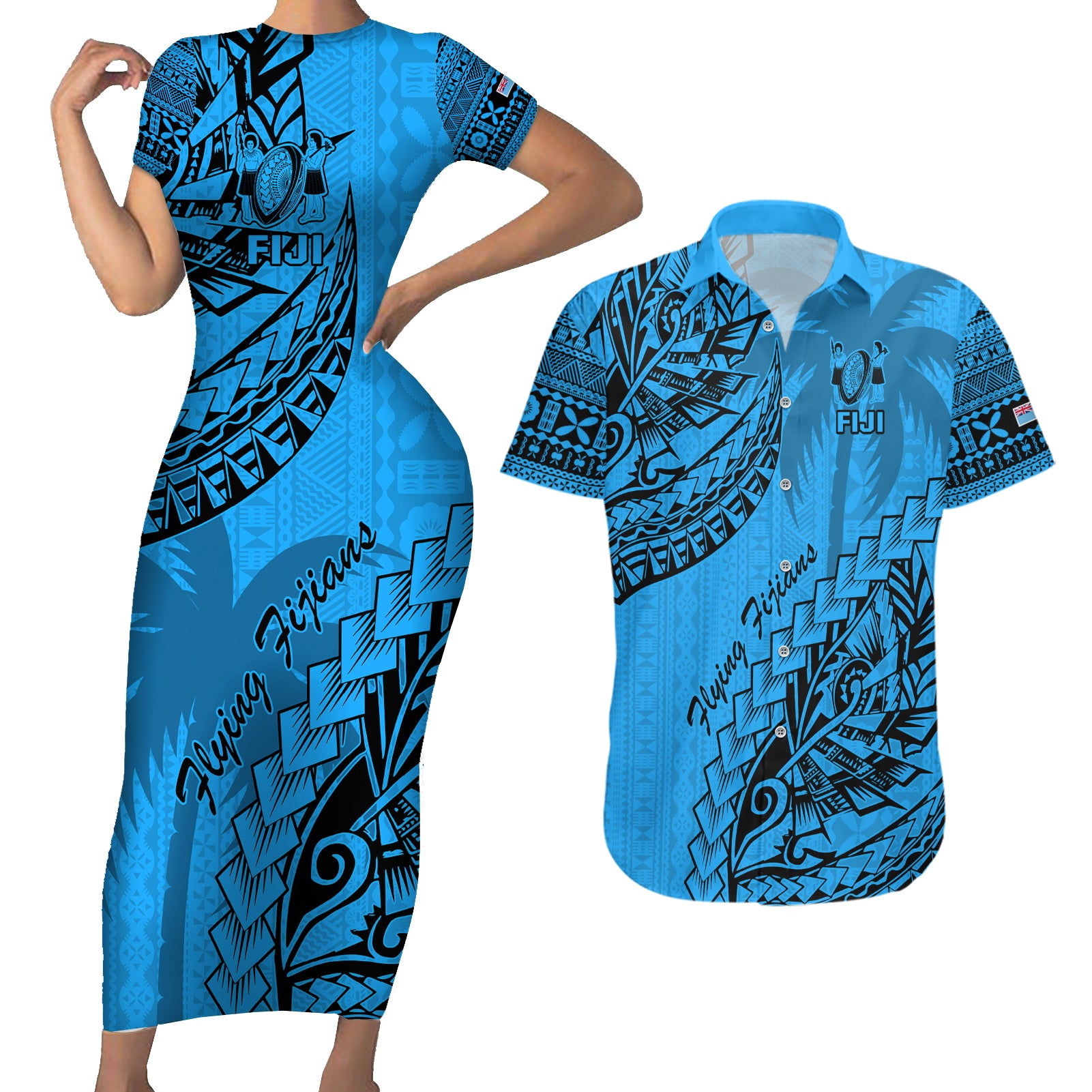 Fiji Rugby Couples Matching Short Sleeve Bodycon Dress and Hawaiian Shirt Kaiviti Fijian Tribal World Cup Blue No1 LT9 Blue - Polynesian Pride