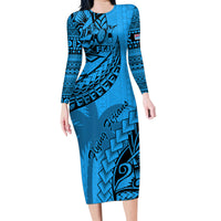 Fiji Rugby Family Matching Long Sleeve Bodycon Dress and Hawaiian Shirt Kaiviti Fijian Tribal World Cup Blue No1 LT9 Mom's Dress Blue - Polynesian Pride