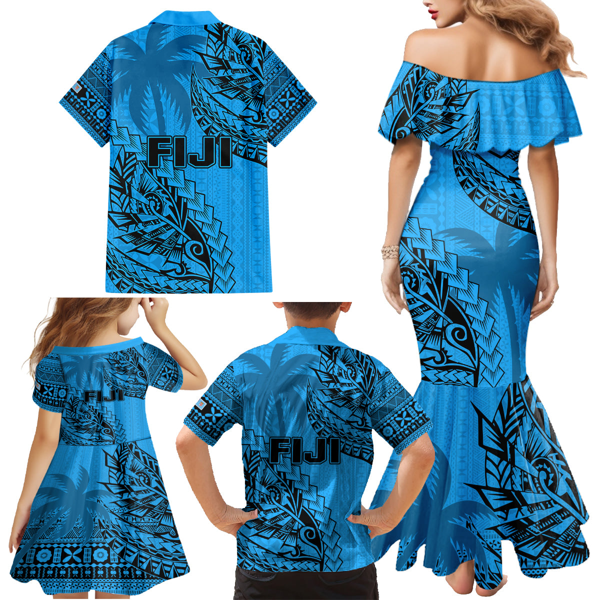 Fiji Rugby Family Matching Mermaid Dress and Hawaiian Shirt Kaiviti Fijian Tribal World Cup Blue No1 LT9 - Polynesian Pride