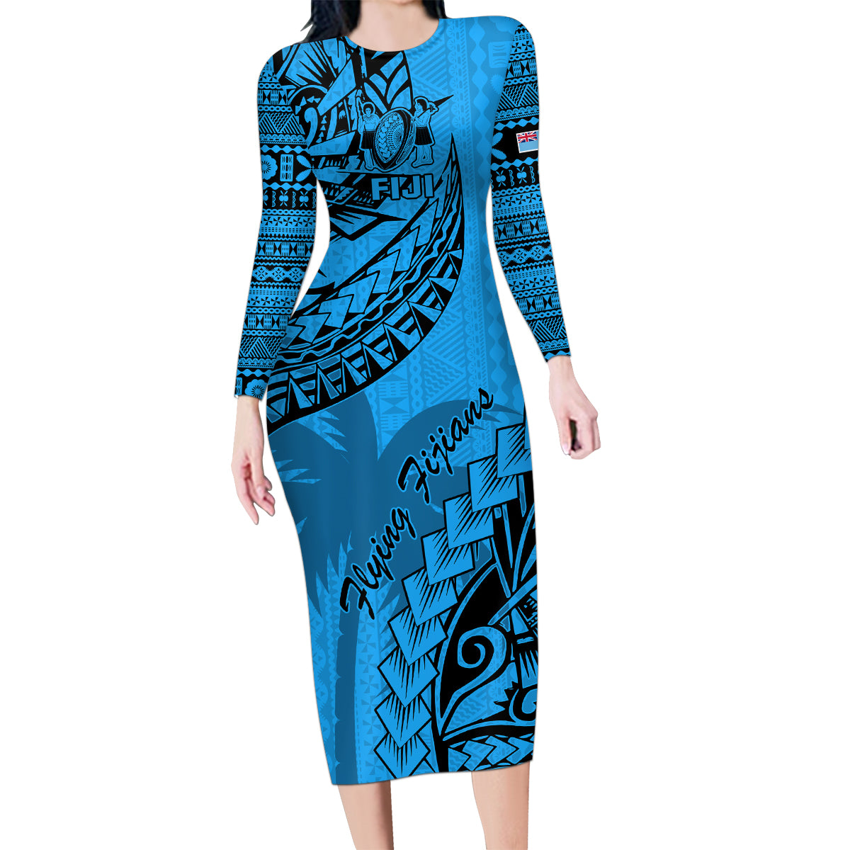 Custom Fiji Rugby Family Matching Long Sleeve Bodycon Dress and Hawaiian Shirt Kaiviti Fijian Tribal World Cup Blue No1 LT9 Mom's Dress Blue - Polynesian Pride