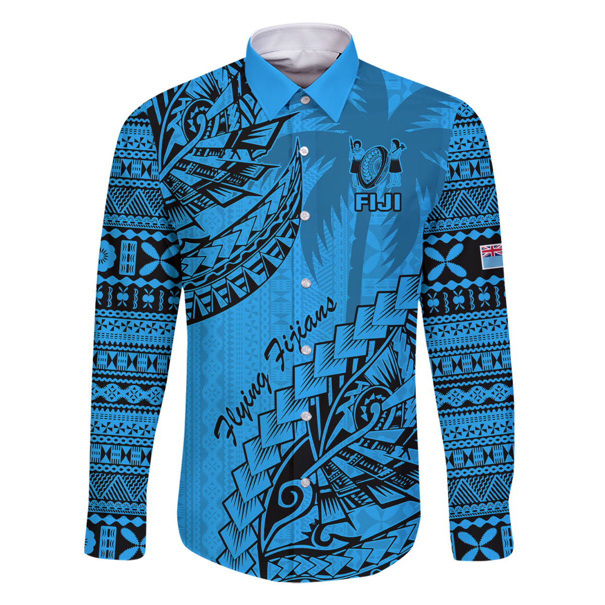 Custom Fiji Rugby Family Matching Off Shoulder Maxi Dress and Hawaiian Shirt Kaiviti Fijian Tribal World Cup Blue No1 LT9 Dad's Shirt - Long Sleeve Blue - Polynesian Pride