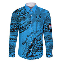 Custom Fiji Rugby Family Matching Off Shoulder Maxi Dress and Hawaiian Shirt Kaiviti Fijian Tribal World Cup Blue No1 LT9 Dad's Shirt - Long Sleeve Blue - Polynesian Pride