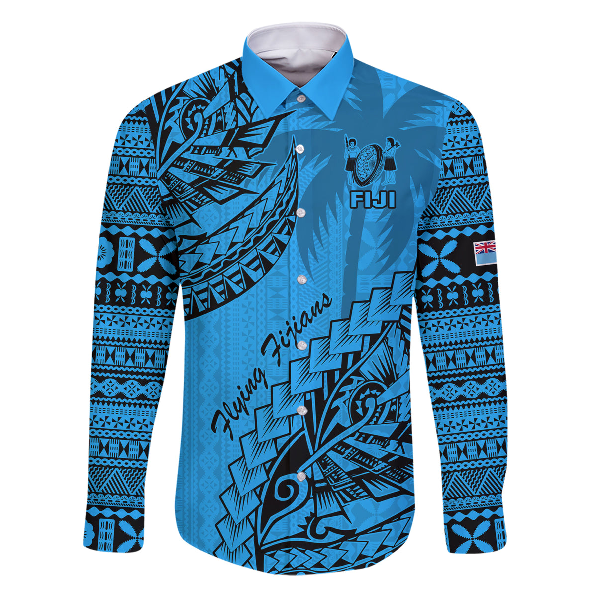 Custom Fiji Rugby Family Matching Short Sleeve Bodycon Dress and Hawaiian Shirt Kaiviti Fijian Tribal World Cup Blue No1 LT9 Dad's Shirt - Long Sleeve Blue - Polynesian Pride