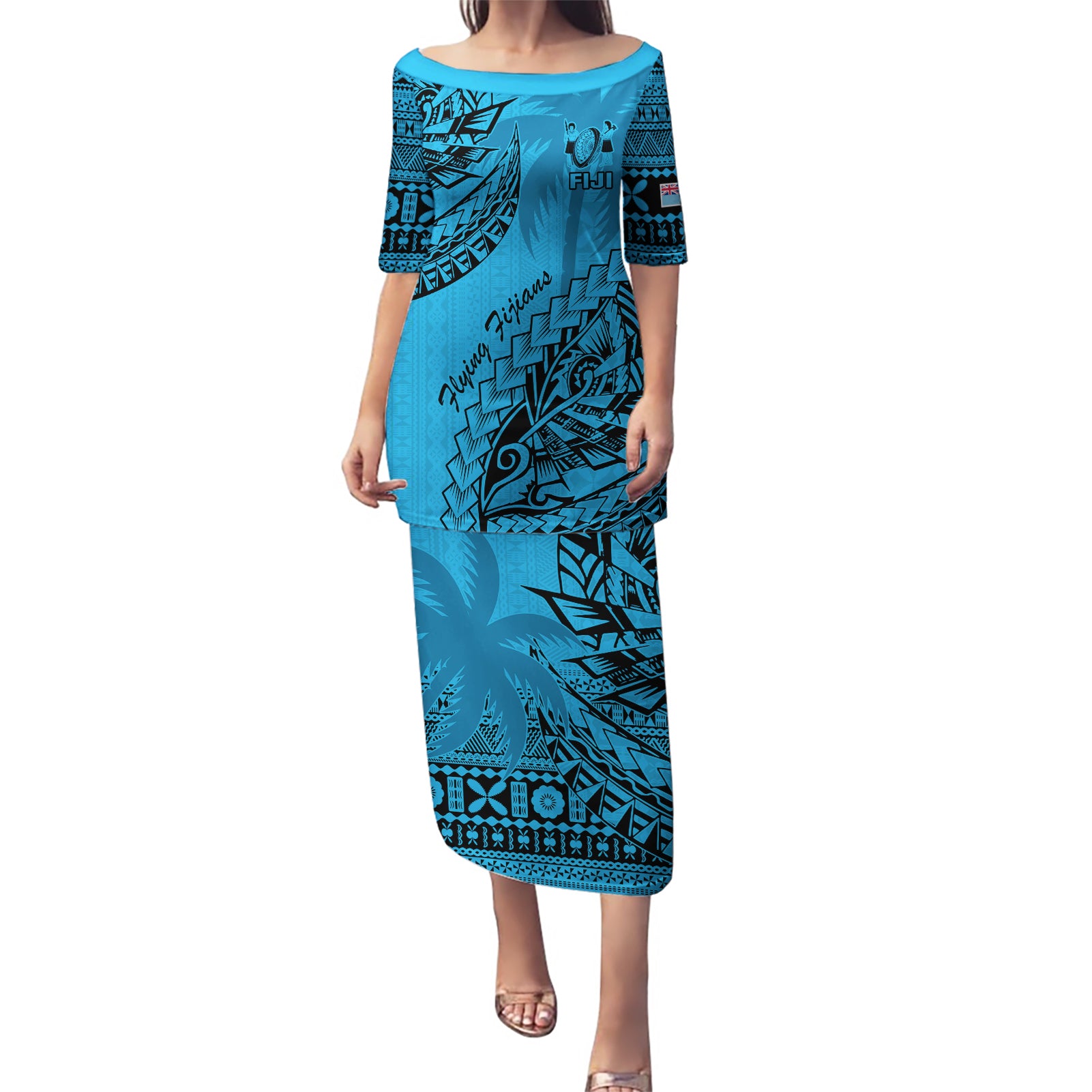 Custom Fiji Rugby Puletasi Kaiviti Fijian Tribal World Cup Blue No1 LT9 Long Dress Blue - Polynesian Pride
