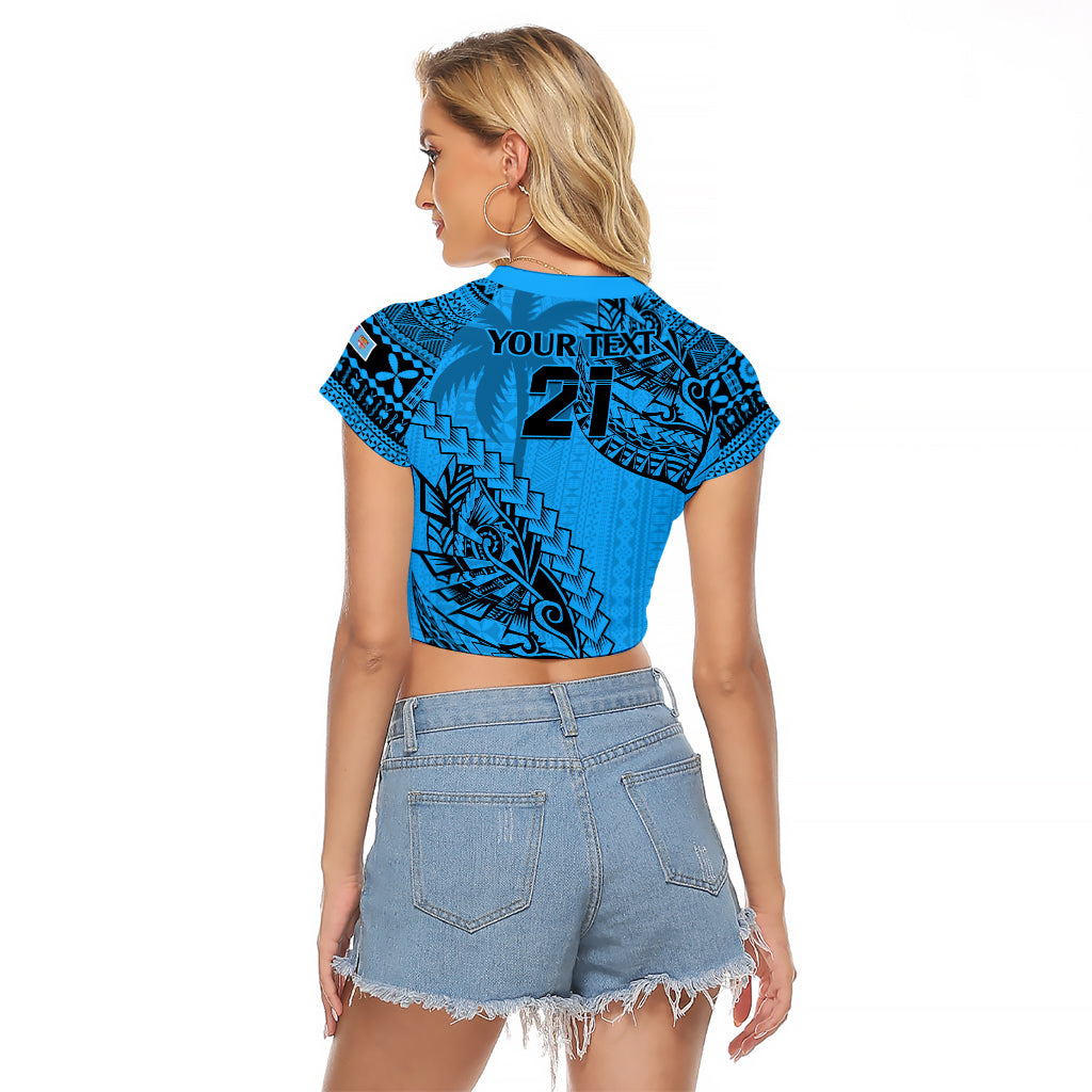 Custom Fiji Rugby Raglan Cropped T Shirt Kaiviti Fijian Tribal World Cup Blue No1 LT9 - Polynesian Pride