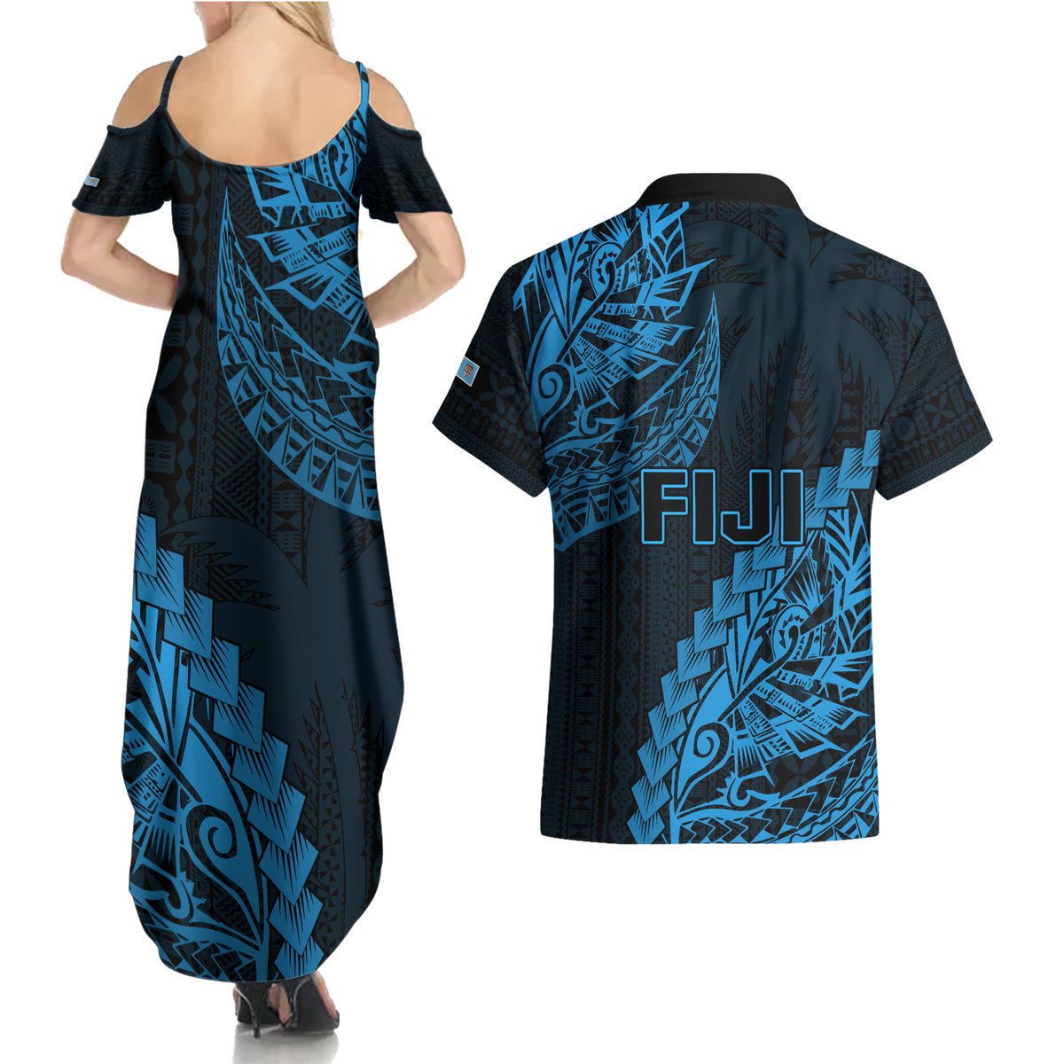 Fiji Rugby Couples Matching Summer Maxi Dress and Hawaiian Shirt Kaiviti Fijian Tribal World Cup Blue No2 LT9 - Polynesian Pride