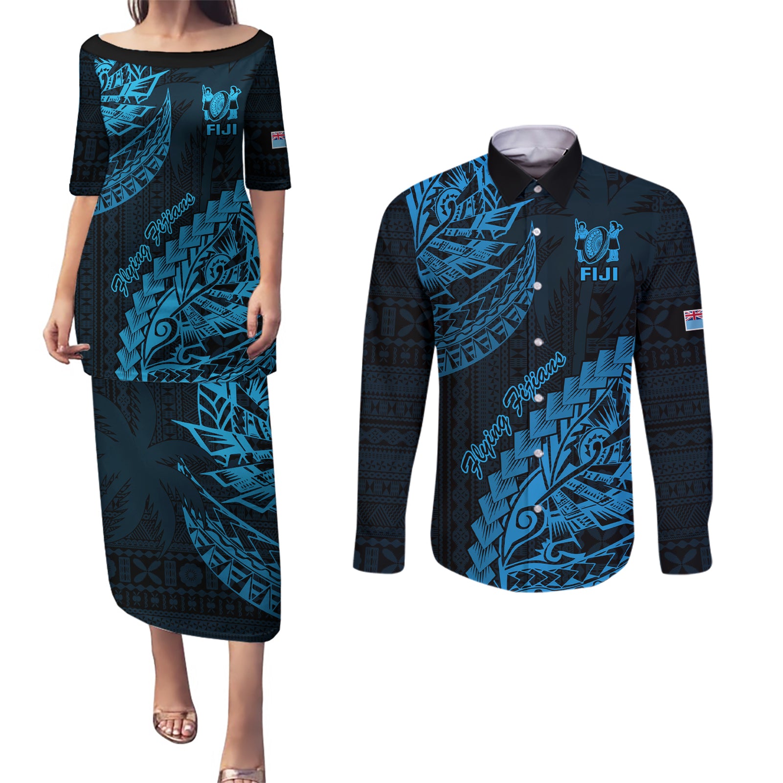 Fiji Rugby Couples Matching Puletasi Dress and Long Sleeve Button Shirt Kaiviti Fijian Tribal World Cup Blue No2 LT9 Blue - Polynesian Pride