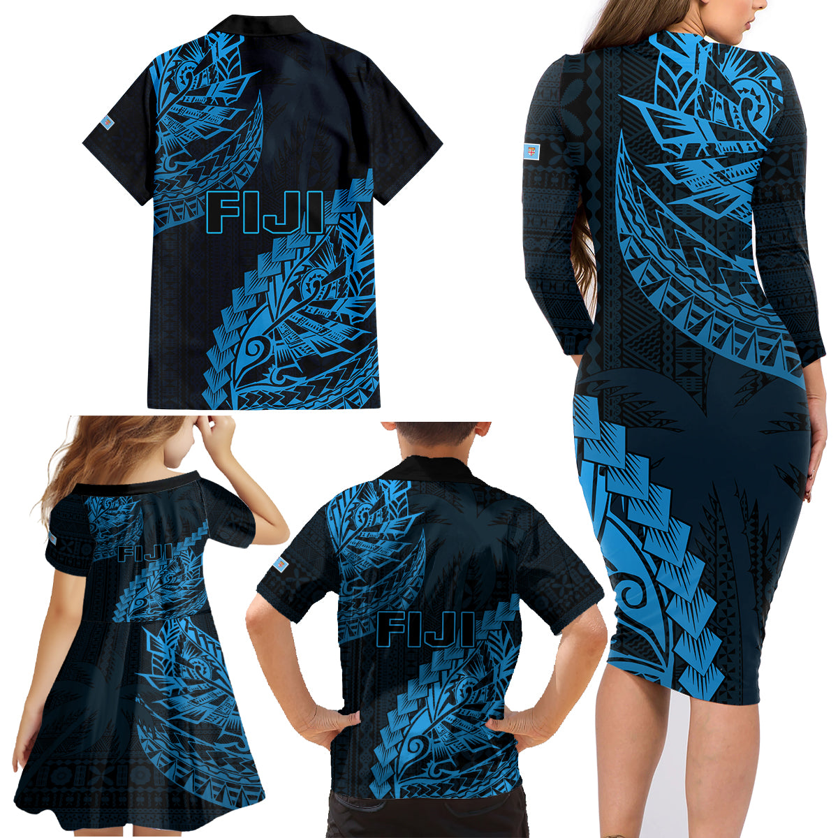 Fiji Rugby Family Matching Long Sleeve Bodycon Dress and Hawaiian Shirt Kaiviti Fijian Tribal World Cup Blue No2 LT9 - Polynesian Pride