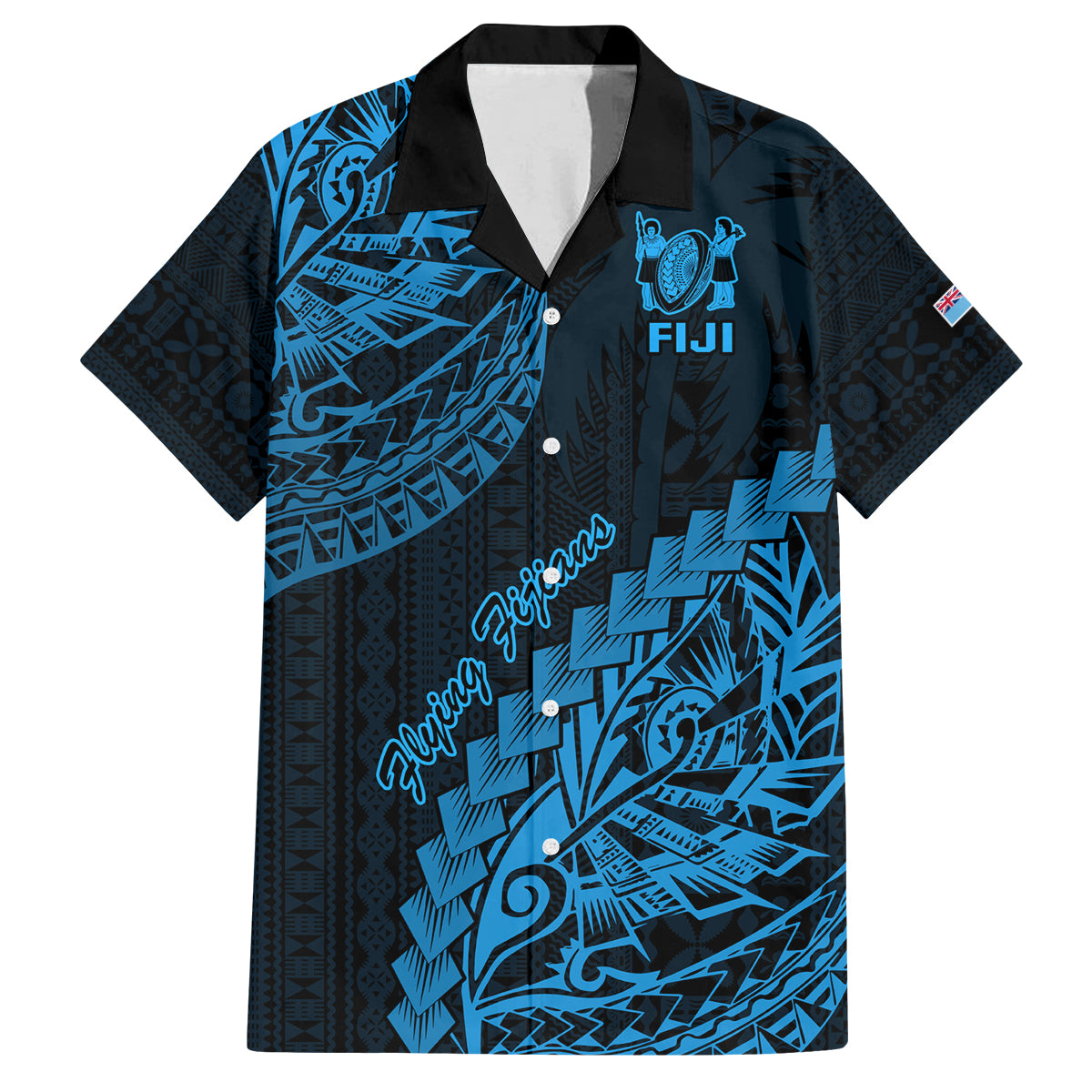 Fiji Rugby Family Matching Puletasi Dress and Hawaiian Shirt Kaiviti Fijian Tribal World Cup Blue No2 LT9 Dad's Shirt - Short Sleeve Blue - Polynesian Pride