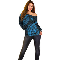Fiji Rugby Off Shoulder Sweater Kaiviti Fijian Tribal World Cup Blue No2 LT9 - Polynesian Pride