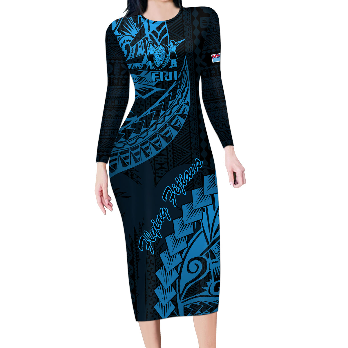 Custom Fiji Rugby Family Matching Long Sleeve Bodycon Dress and Hawaiian Shirt Kaiviti Fijian Tribal World Cup Blue No2 LT9 Mom's Dress Blue - Polynesian Pride