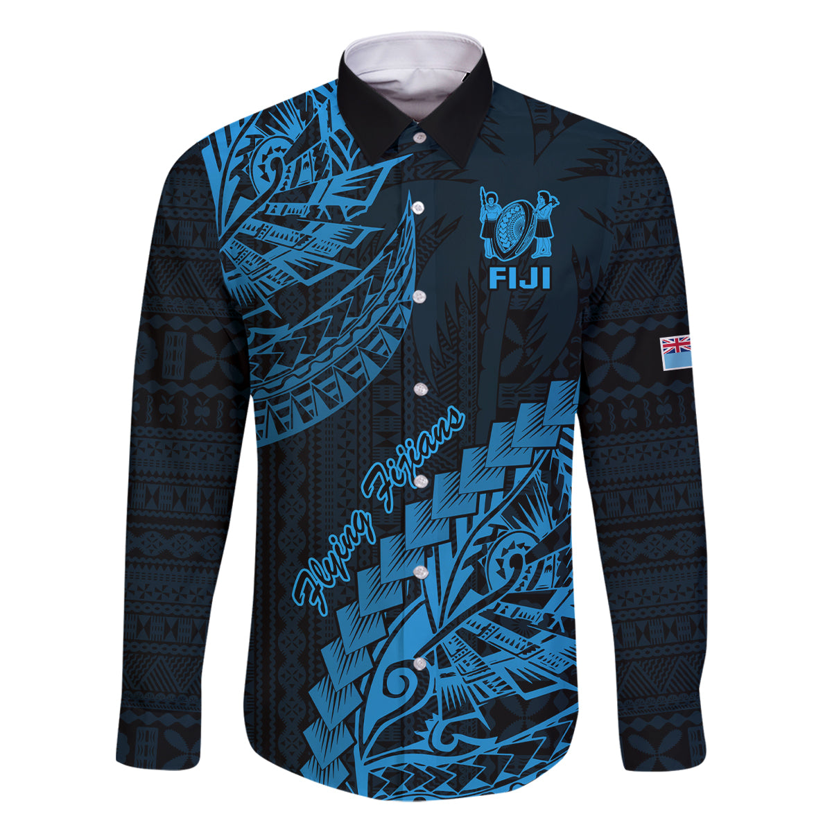 Custom Fiji Rugby Family Matching Off Shoulder Short Dress and Hawaiian Shirt Kaiviti Fijian Tribal World Cup Blue No2 LT9 Dad's Shirt - Long Sleeve Blue - Polynesian Pride