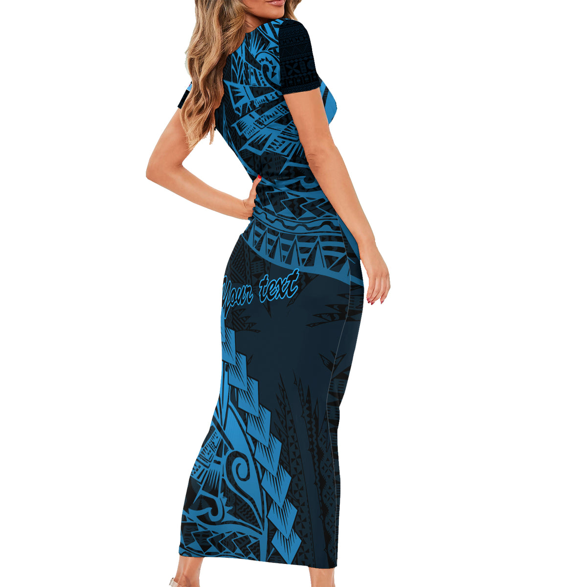 Custom Fiji Rugby Short Sleeve Bodycon Dress Kaiviti Fijian Tribal World Cup Blue No2 LT9 - Polynesian Pride