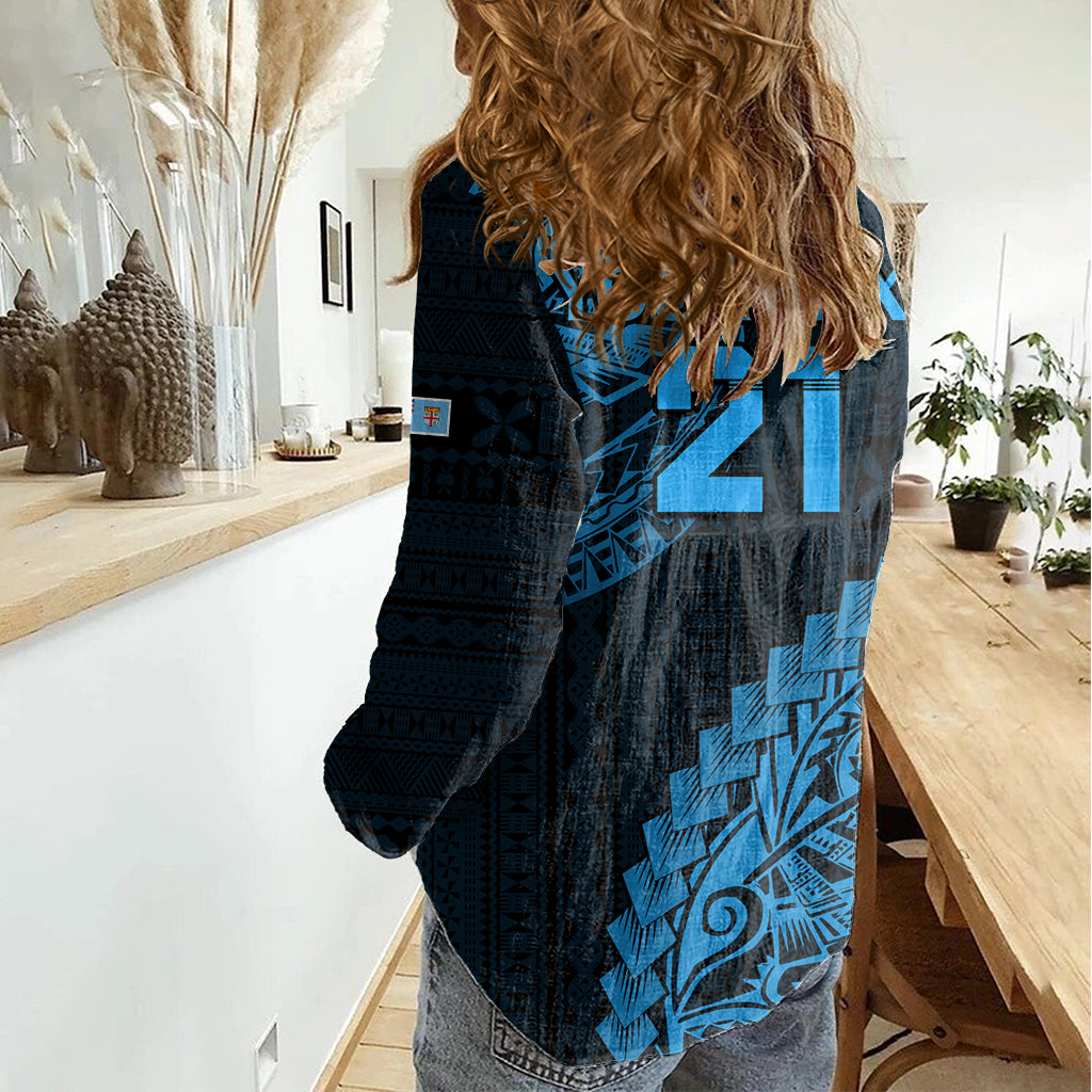 Custom Fiji Rugby Women Casual Shirt Kaiviti Fijian Tribal World Cup Blue No2 LT9 - Polynesian Pride
