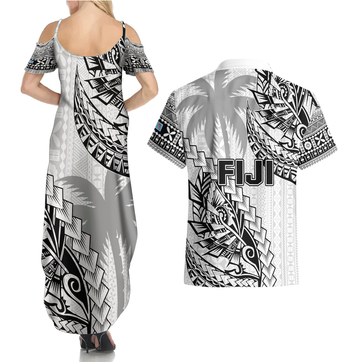 Fiji Rugby Couples Matching Summer Maxi Dress and Hawaiian Shirt Kaiviti Fijian Tribal World Cup White LT9 - Polynesian Pride