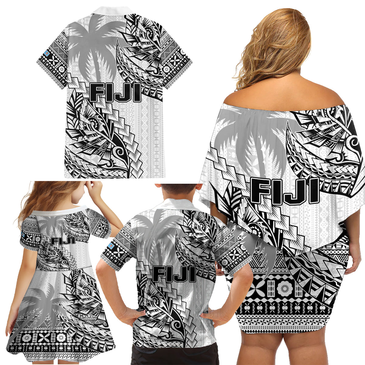 Fiji Rugby Family Matching Off Shoulder Short Dress and Hawaiian Shirt Kaiviti Fijian Tribal World Cup White LT9 - Polynesian Pride