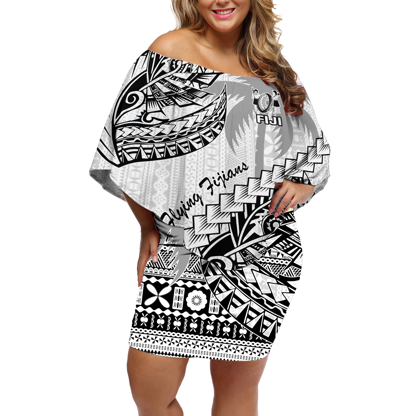 Custom Fiji Rugby Off Shoulder Short Dress Kaiviti Fijian Tribal World Cup White LT9 Women White - Polynesian Pride