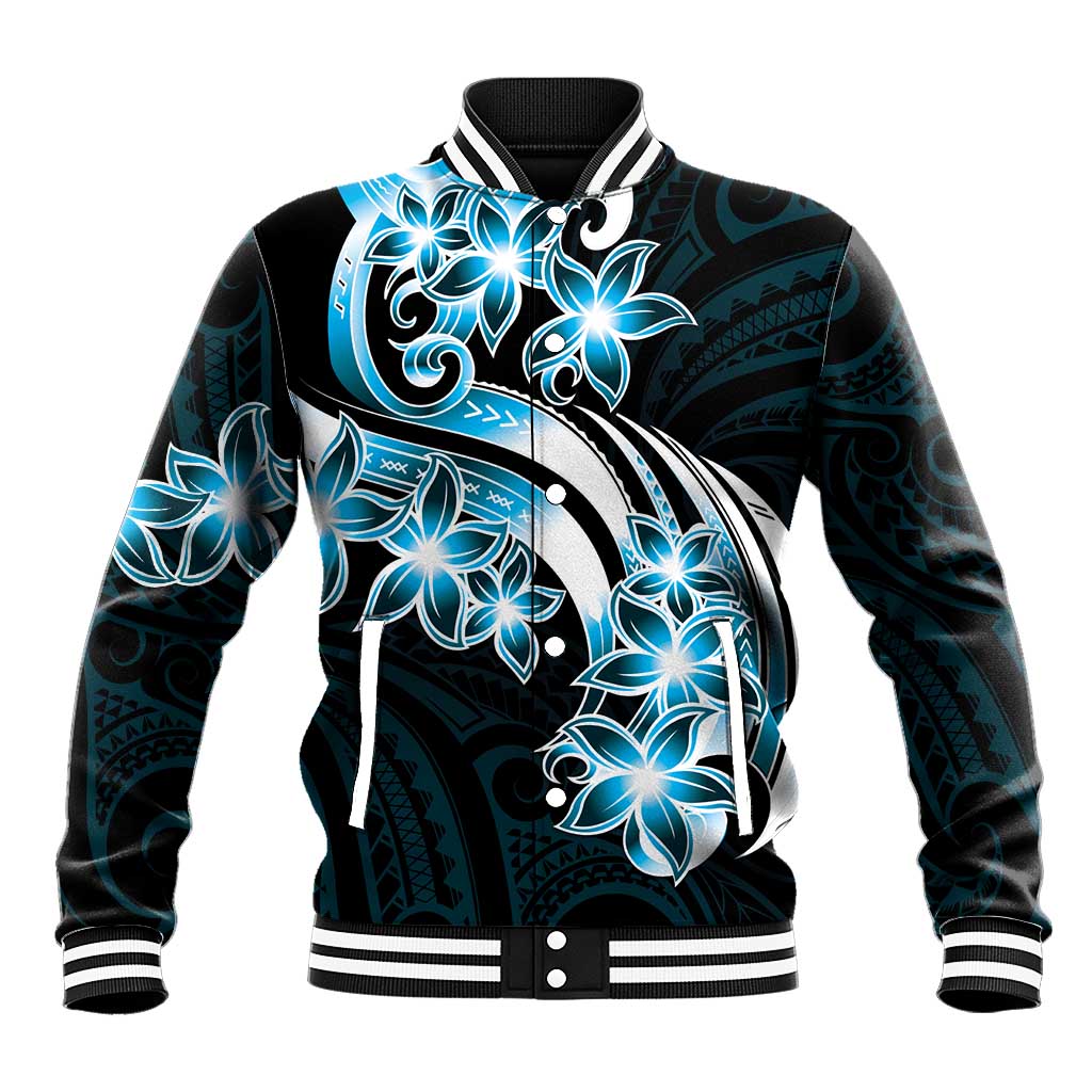 Plumeria Tribal Tattoo Baseball Jacket Blue Polynesian Pattern