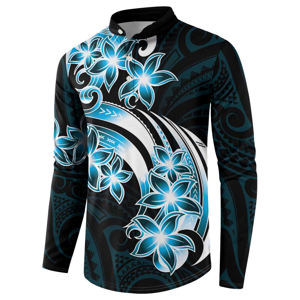 Plumeria Tribal Tattoo Button Sweatshirt Blue Polynesian Pattern