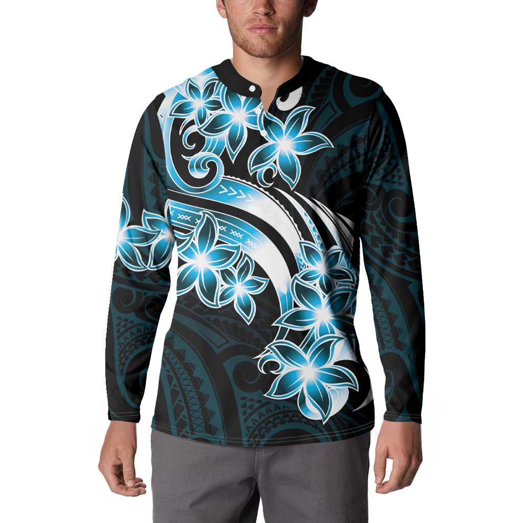 Plumeria Tribal Tattoo Button Sweatshirt Blue Polynesian Pattern