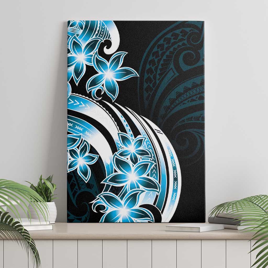 Plumeria Tribal Tattoo Canvas Wall Art Blue Polynesian Pattern