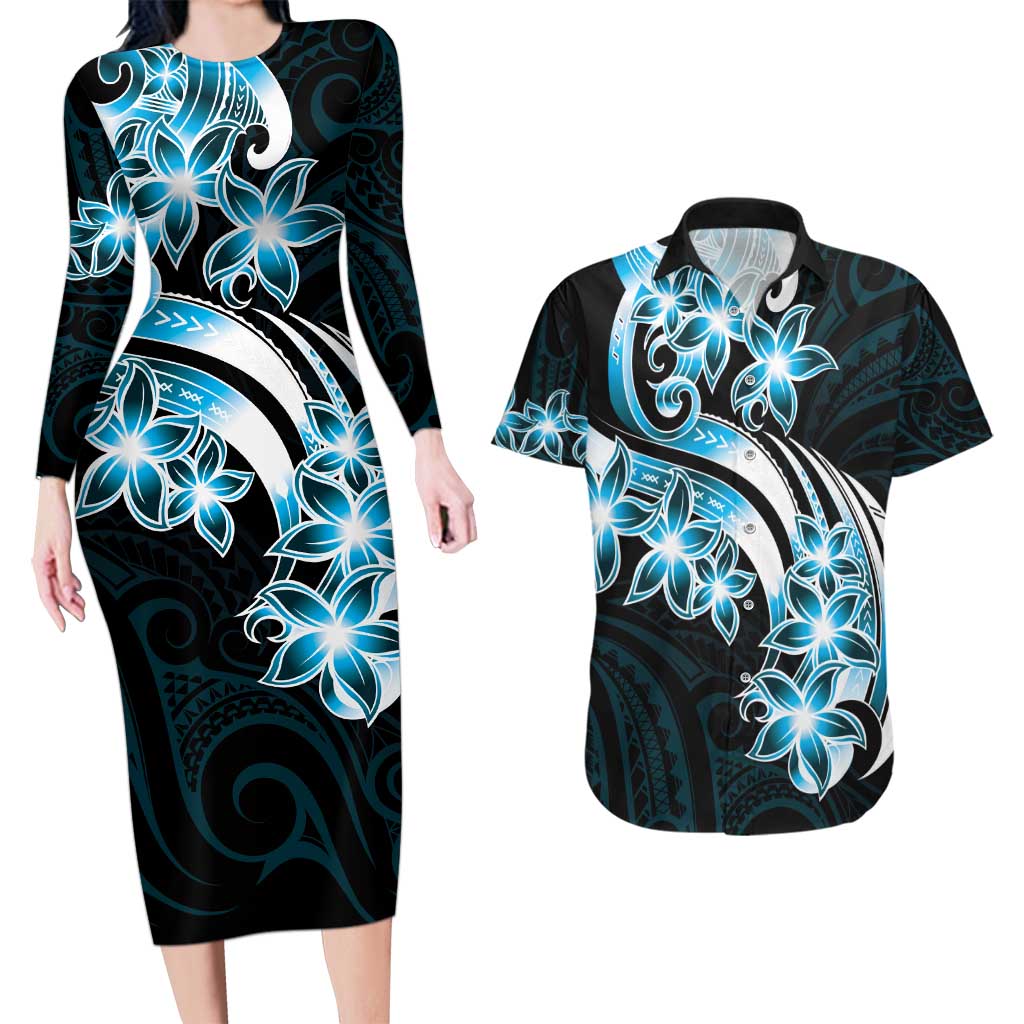 Plumeria Tribal Tattoo Couples Matching Long Sleeve Bodycon Dress and Hawaiian Shirt Blue Polynesian Pattern