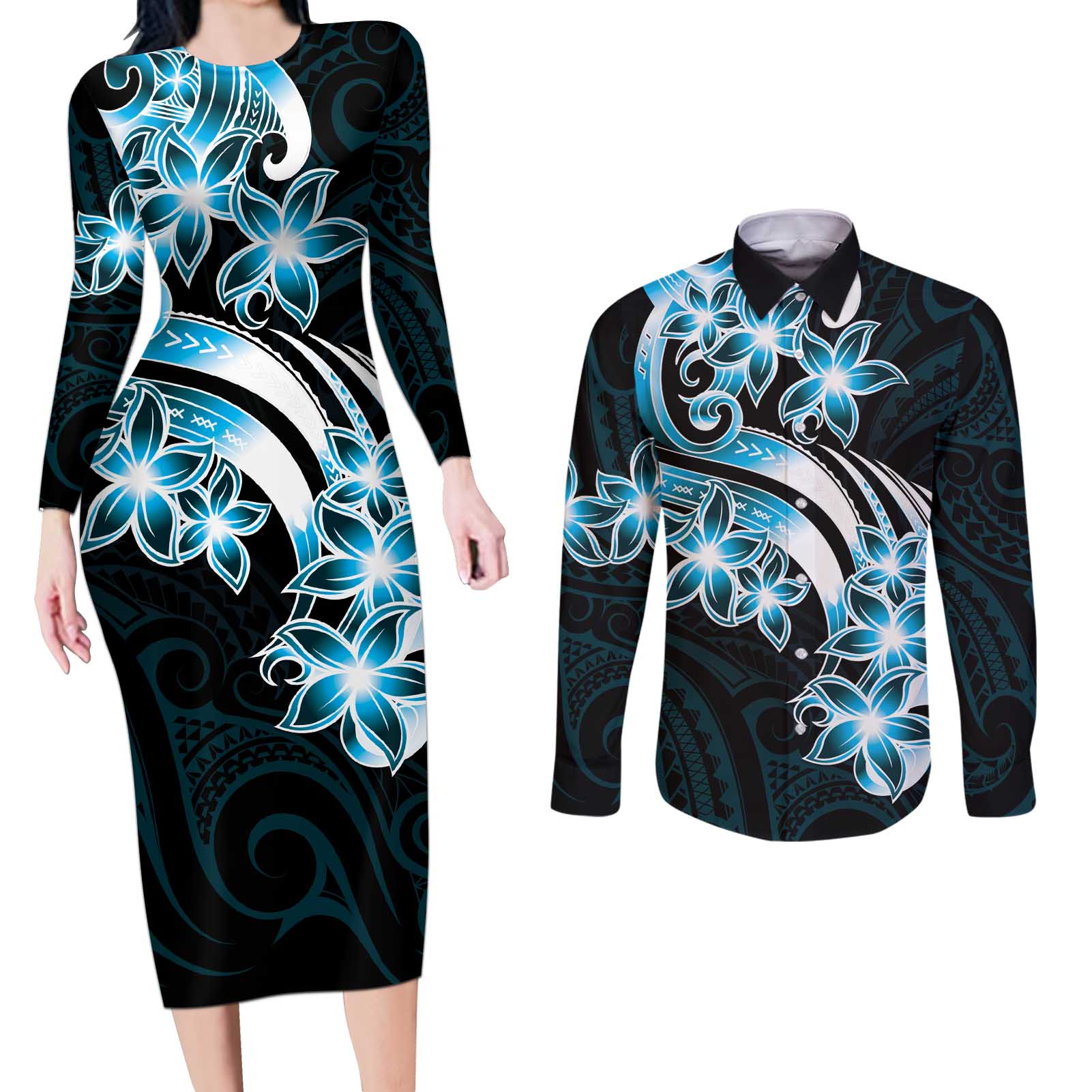 Plumeria Tribal Tattoo Couples Matching Long Sleeve Bodycon Dress and Long Sleeve Button Shirt Blue Polynesian Pattern