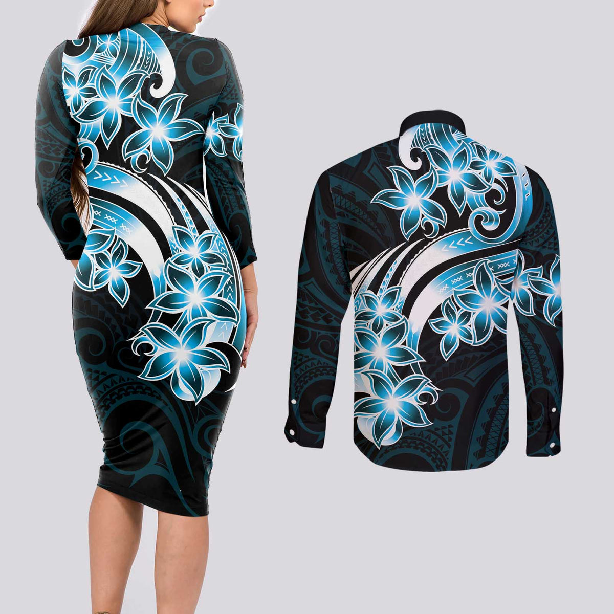 Plumeria Tribal Tattoo Couples Matching Long Sleeve Bodycon Dress and Long Sleeve Button Shirt Blue Polynesian Pattern
