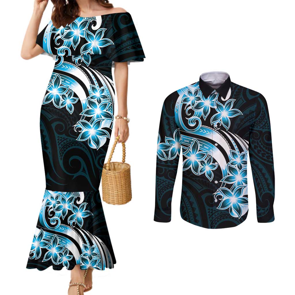 Plumeria Tribal Tattoo Couples Matching Mermaid Dress and Long Sleeve Button Shirt Blue Polynesian Pattern