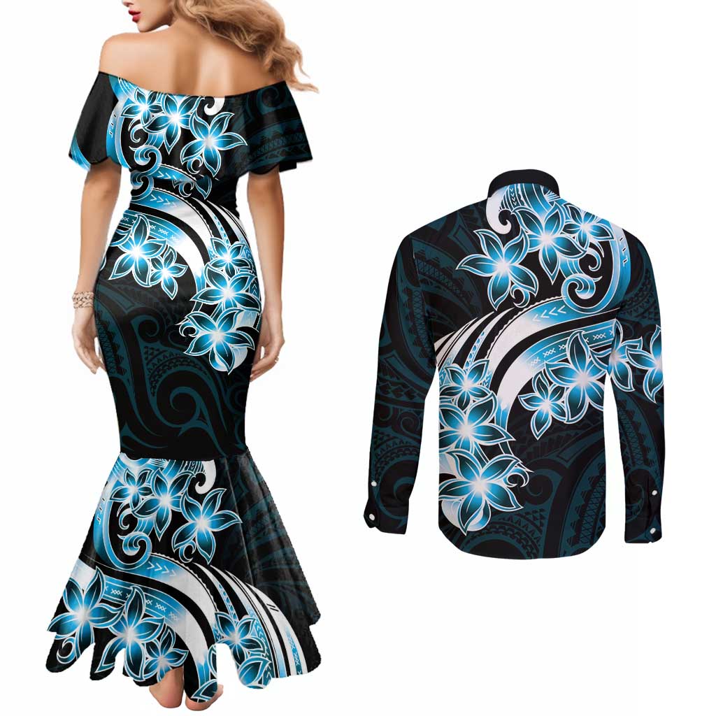 Plumeria Tribal Tattoo Couples Matching Mermaid Dress and Long Sleeve Button Shirt Blue Polynesian Pattern