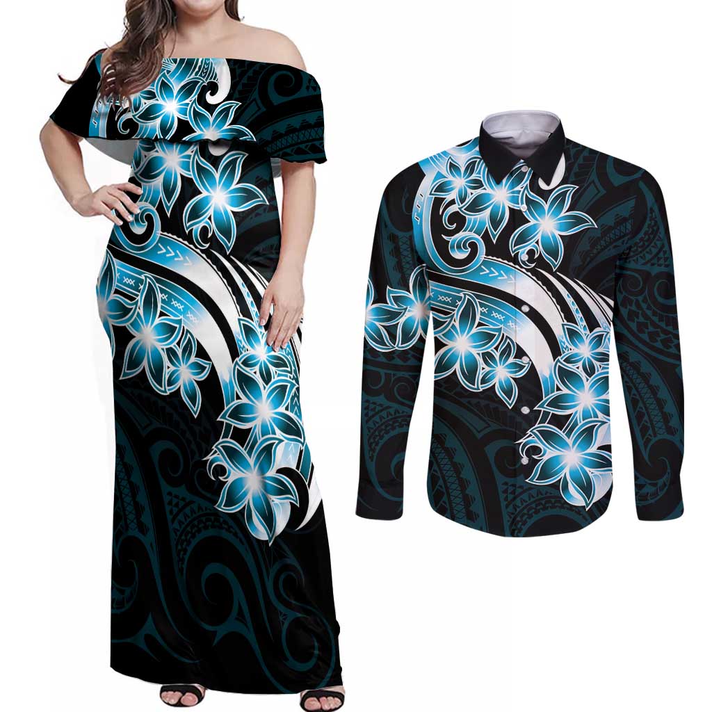 Plumeria Tribal Tattoo Couples Matching Off Shoulder Maxi Dress and Long Sleeve Button Shirt Blue Polynesian Pattern