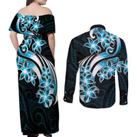 Plumeria Tribal Tattoo Couples Matching Off Shoulder Maxi Dress and Long Sleeve Button Shirt Blue Polynesian Pattern