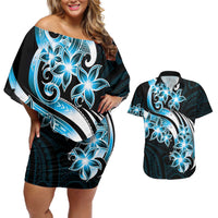 Plumeria Tribal Tattoo Couples Matching Off Shoulder Short Dress and Hawaiian Shirt Blue Polynesian Pattern