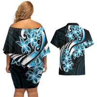 Plumeria Tribal Tattoo Couples Matching Off Shoulder Short Dress and Hawaiian Shirt Blue Polynesian Pattern