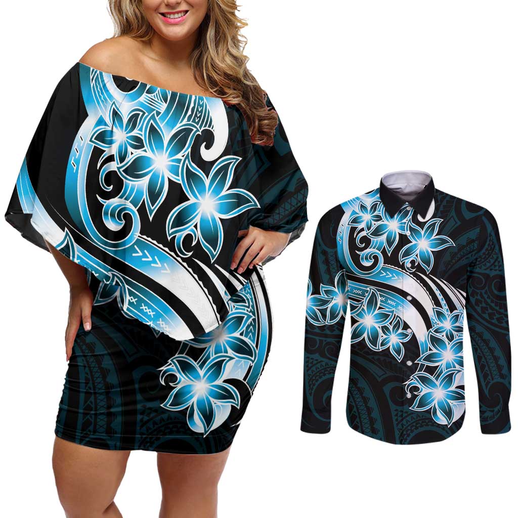 Plumeria Tribal Tattoo Couples Matching Off Shoulder Short Dress and Long Sleeve Button Shirt Blue Polynesian Pattern